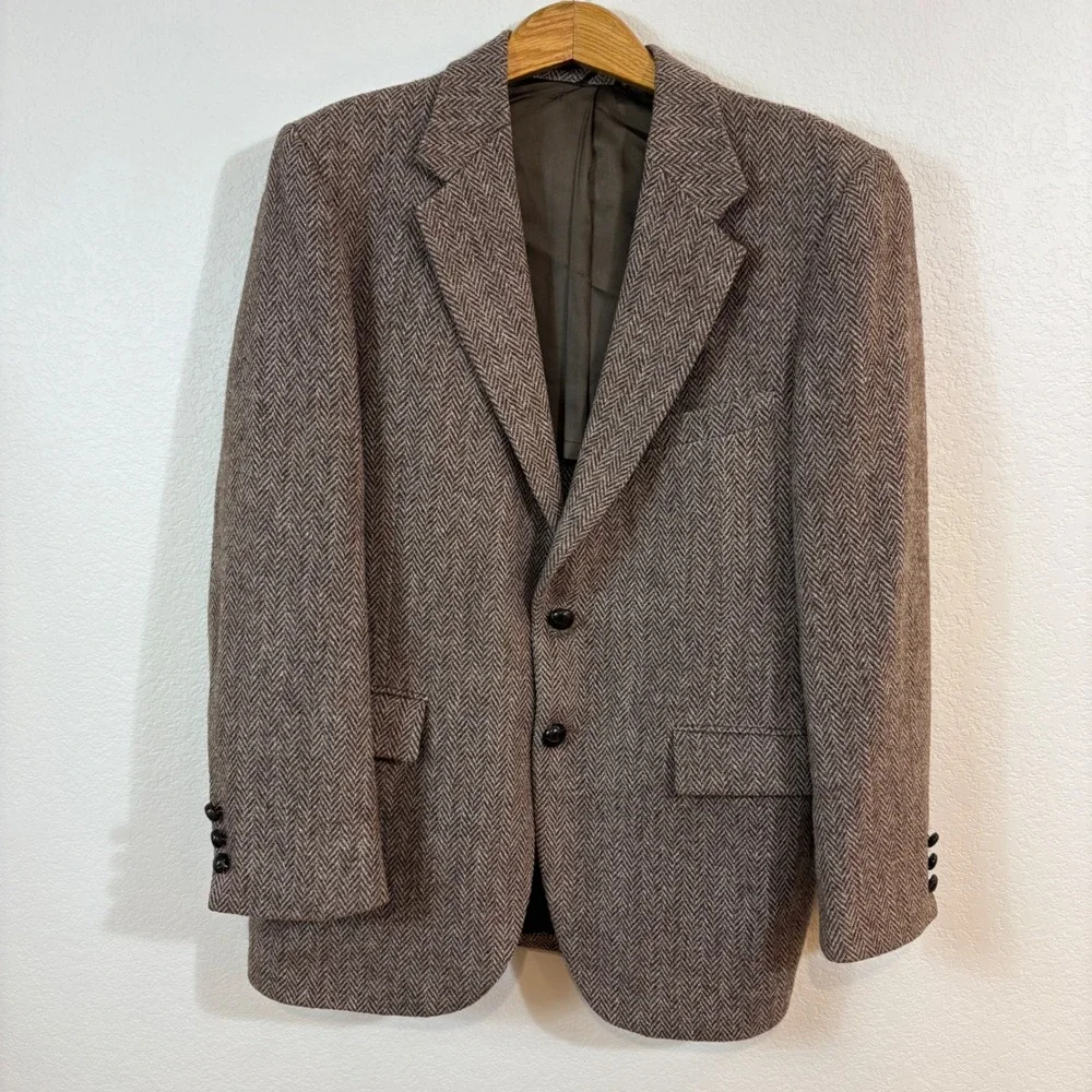 Vintage 70s Harris Tweed Blazer 44 Brown Herringbone Wool Sport Coat Heritage